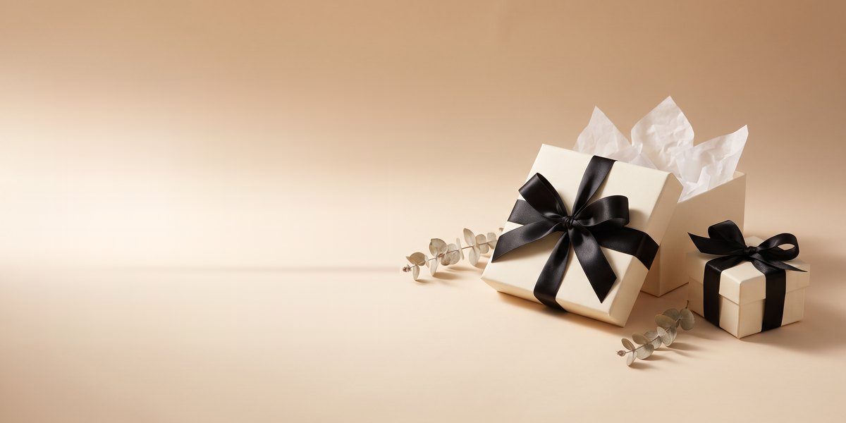 Cremefarbene Geschenkboxen mit schwarzen Schleifen